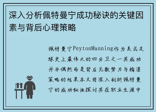 深入分析佩特曼宁成功秘诀的关键因素与背后心理策略